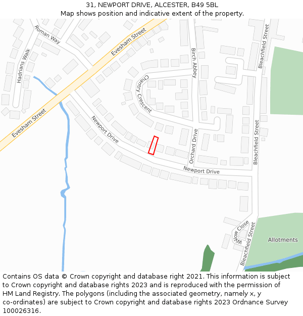 31, NEWPORT DRIVE, ALCESTER, B49 5BL: Location map and indicative extent of plot
