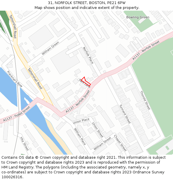 31, NORFOLK STREET, BOSTON, PE21 6PW: Location map and indicative extent of plot