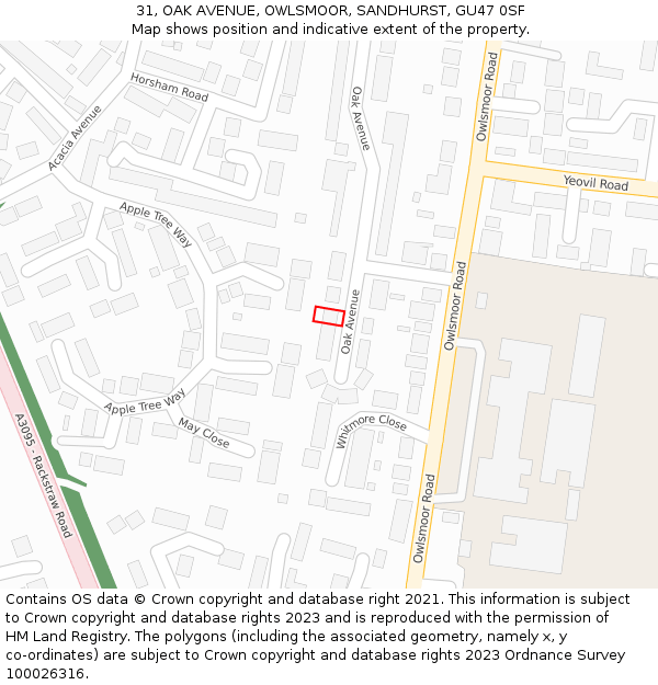 31, OAK AVENUE, OWLSMOOR, SANDHURST, GU47 0SF: Location map and indicative extent of plot