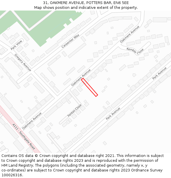 31, OAKMERE AVENUE, POTTERS BAR, EN6 5EE: Location map and indicative extent of plot
