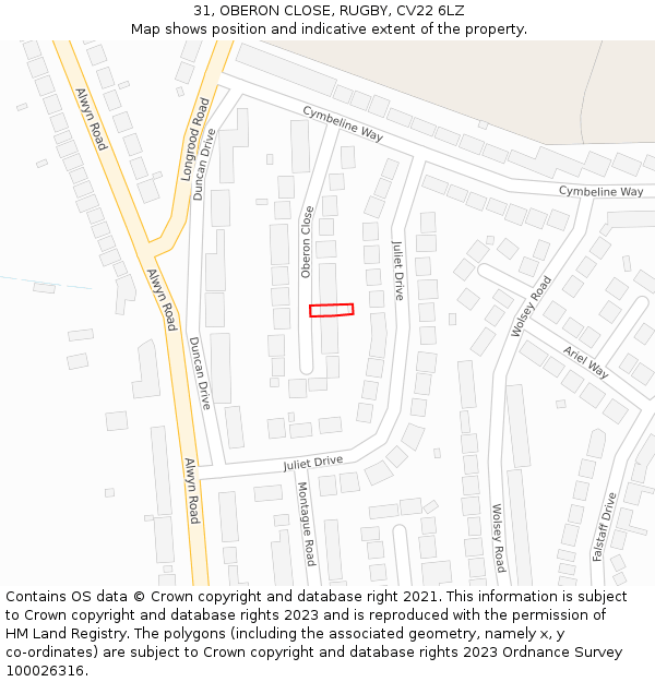 31, OBERON CLOSE, RUGBY, CV22 6LZ: Location map and indicative extent of plot
