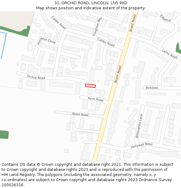31, ORCHID ROAD, LINCOLN, LN5 9XD: Location map and indicative extent of plot