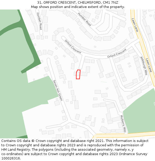 31, ORFORD CRESCENT, CHELMSFORD, CM1 7NZ: Location map and indicative extent of plot