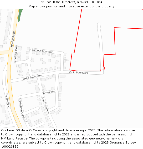 31, OXLIP BOULEVARD, IPSWICH, IP1 6FA: Location map and indicative extent of plot