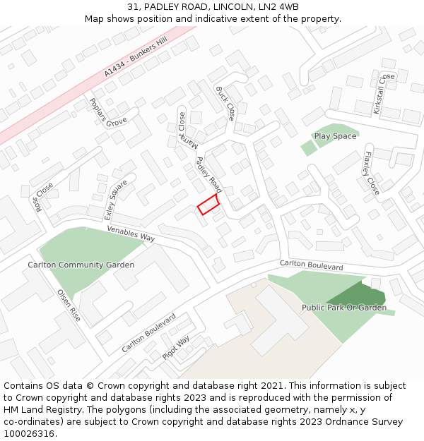 31, PADLEY ROAD, LINCOLN, LN2 4WB: Location map and indicative extent of plot