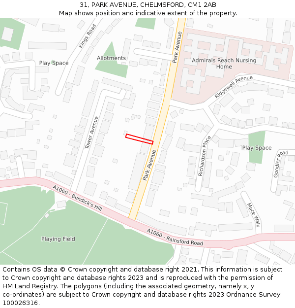 31, PARK AVENUE, CHELMSFORD, CM1 2AB: Location map and indicative extent of plot