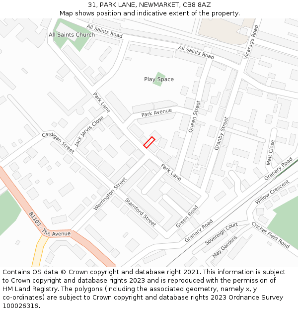 31, PARK LANE, NEWMARKET, CB8 8AZ: Location map and indicative extent of plot