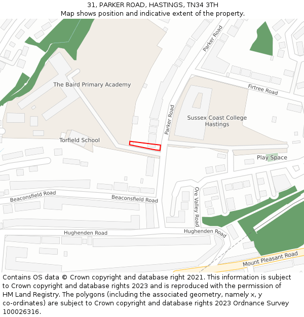 31, PARKER ROAD, HASTINGS, TN34 3TH: Location map and indicative extent of plot