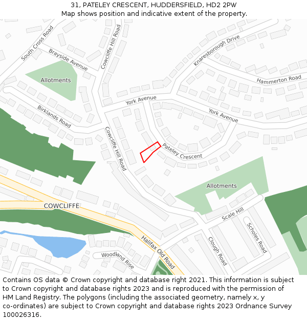 31, PATELEY CRESCENT, HUDDERSFIELD, HD2 2PW: Location map and indicative extent of plot