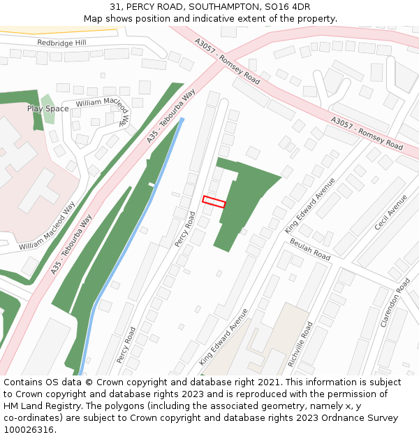 31, PERCY ROAD, SOUTHAMPTON, SO16 4DR: Location map and indicative extent of plot