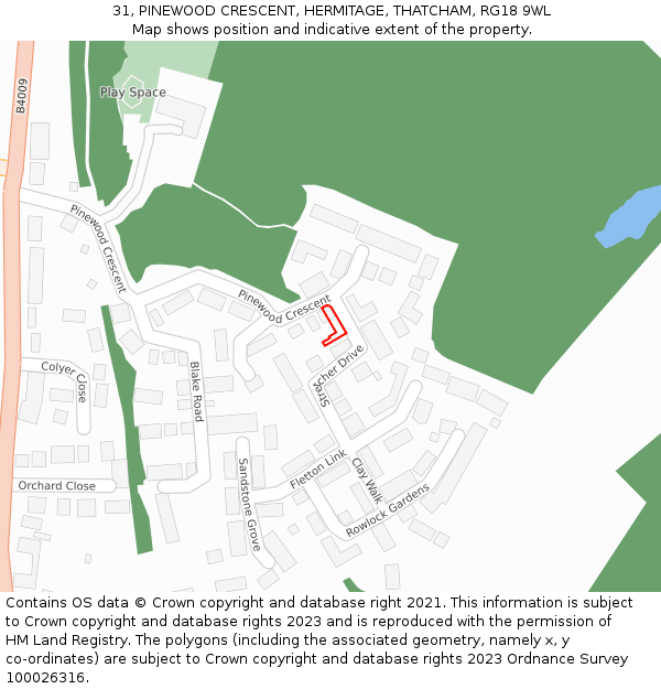 31, PINEWOOD CRESCENT, HERMITAGE, THATCHAM, RG18 9WL: Location map and indicative extent of plot