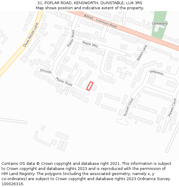 31, POPLAR ROAD, KENSWORTH, DUNSTABLE, LU6 3RS: Location map and indicative extent of plot