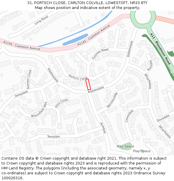 31, PORTSCH CLOSE, CARLTON COLVILLE, LOWESTOFT, NR33 8TY: Location map and indicative extent of plot