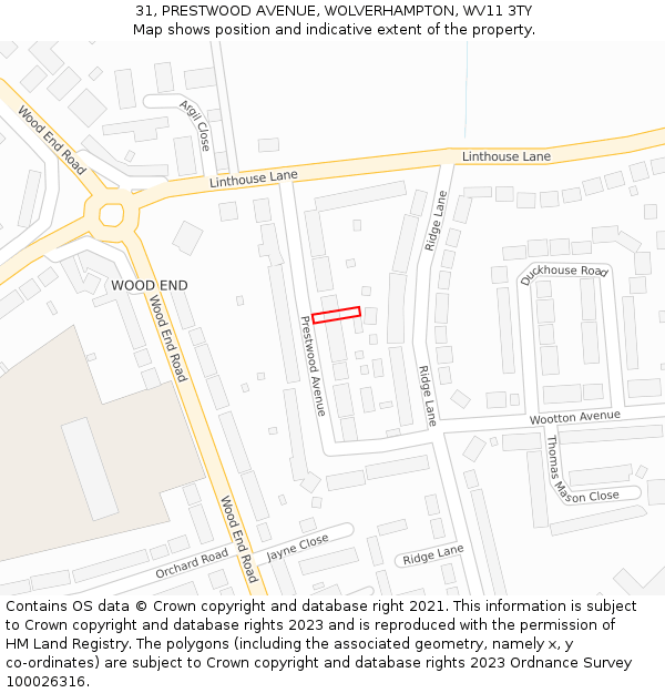 31, PRESTWOOD AVENUE, WOLVERHAMPTON, WV11 3TY: Location map and indicative extent of plot