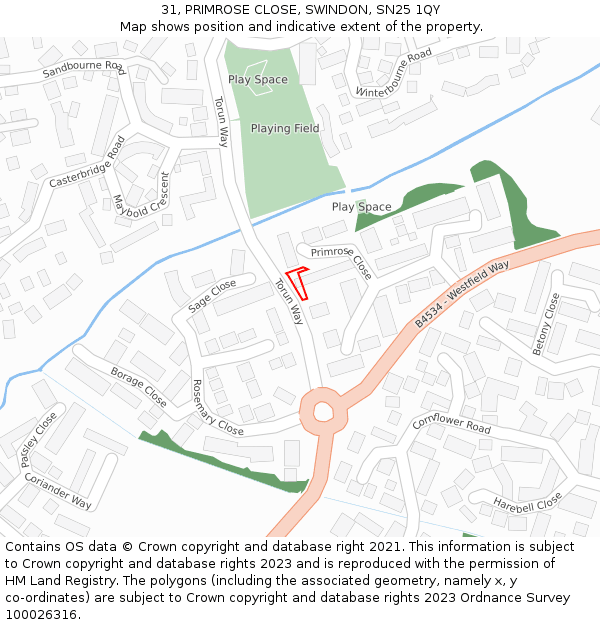 31, PRIMROSE CLOSE, SWINDON, SN25 1QY: Location map and indicative extent of plot