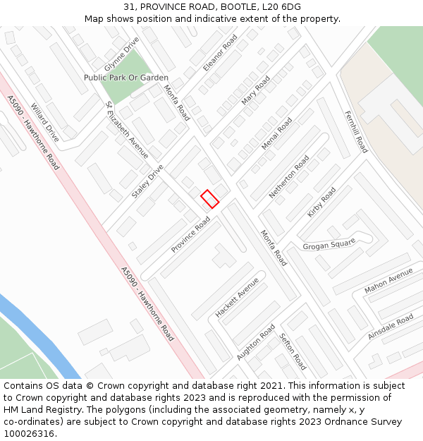 31, PROVINCE ROAD, BOOTLE, L20 6DG: Location map and indicative extent of plot