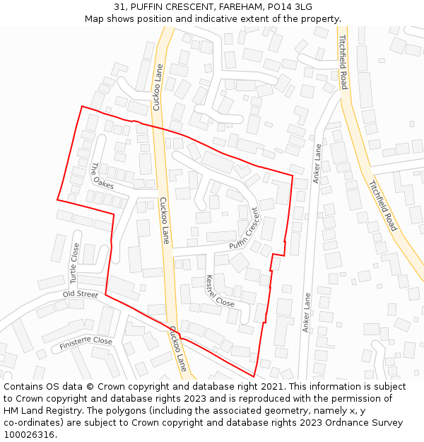 31, PUFFIN CRESCENT, FAREHAM, PO14 3LG: Location map and indicative extent of plot