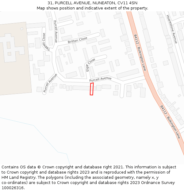 31, PURCELL AVENUE, NUNEATON, CV11 4SN: Location map and indicative extent of plot