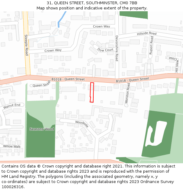 31, QUEEN STREET, SOUTHMINSTER, CM0 7BB: Location map and indicative extent of plot