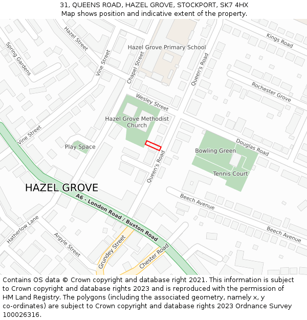 31, QUEENS ROAD, HAZEL GROVE, STOCKPORT, SK7 4HX: Location map and indicative extent of plot