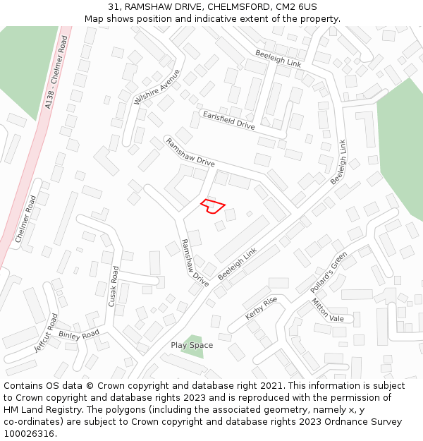 31, RAMSHAW DRIVE, CHELMSFORD, CM2 6US: Location map and indicative extent of plot
