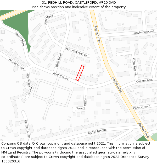 31, REDHILL ROAD, CASTLEFORD, WF10 3AD: Location map and indicative extent of plot