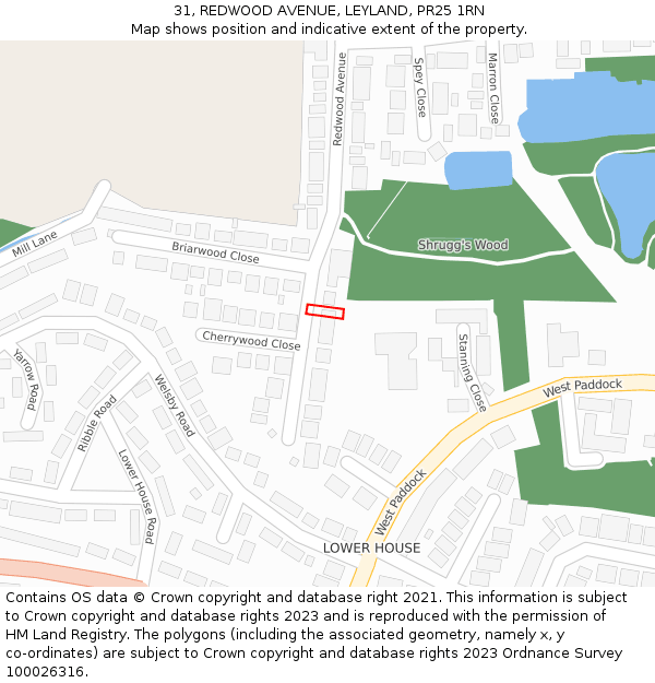 31, REDWOOD AVENUE, LEYLAND, PR25 1RN: Location map and indicative extent of plot