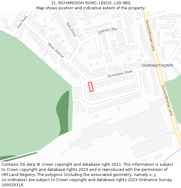 31, RICHARDSON ROAD, LEEDS, LS9 9BQ: Location map and indicative extent of plot