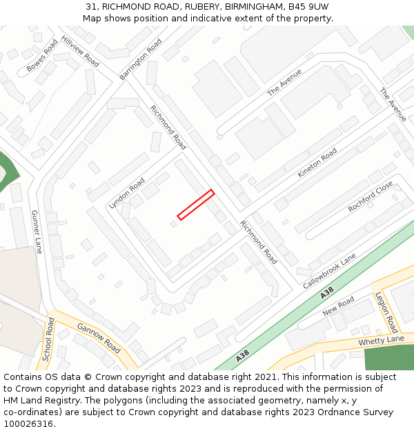31, RICHMOND ROAD, RUBERY, BIRMINGHAM, B45 9UW: Location map and indicative extent of plot