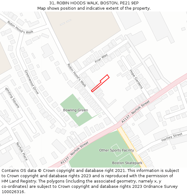 31, ROBIN HOODS WALK, BOSTON, PE21 9EP: Location map and indicative extent of plot