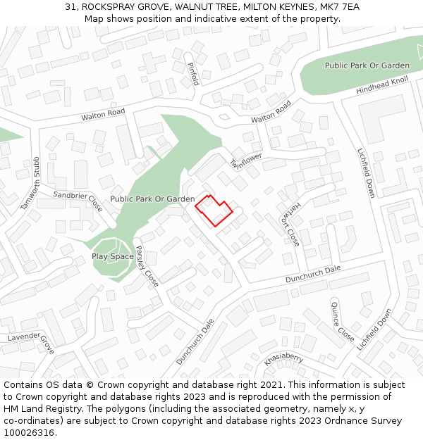 31, ROCKSPRAY GROVE, WALNUT TREE, MILTON KEYNES, MK7 7EA: Location map and indicative extent of plot