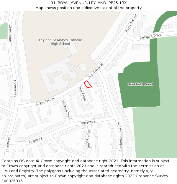 31, ROYAL AVENUE, LEYLAND, PR25 1BX: Location map and indicative extent of plot