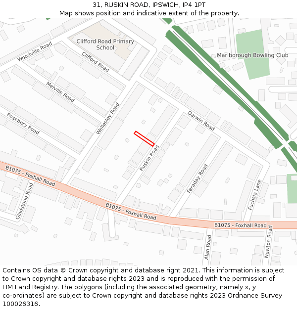 31, RUSKIN ROAD, IPSWICH, IP4 1PT: Location map and indicative extent of plot
