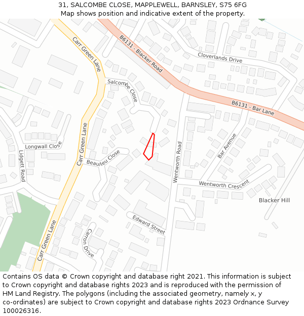 31, SALCOMBE CLOSE, MAPPLEWELL, BARNSLEY, S75 6FG: Location map and indicative extent of plot