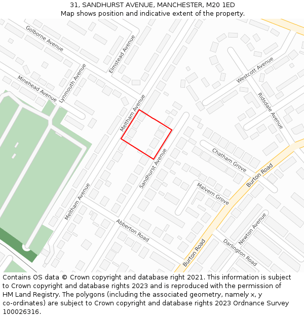 31, SANDHURST AVENUE, MANCHESTER, M20 1ED: Location map and indicative extent of plot