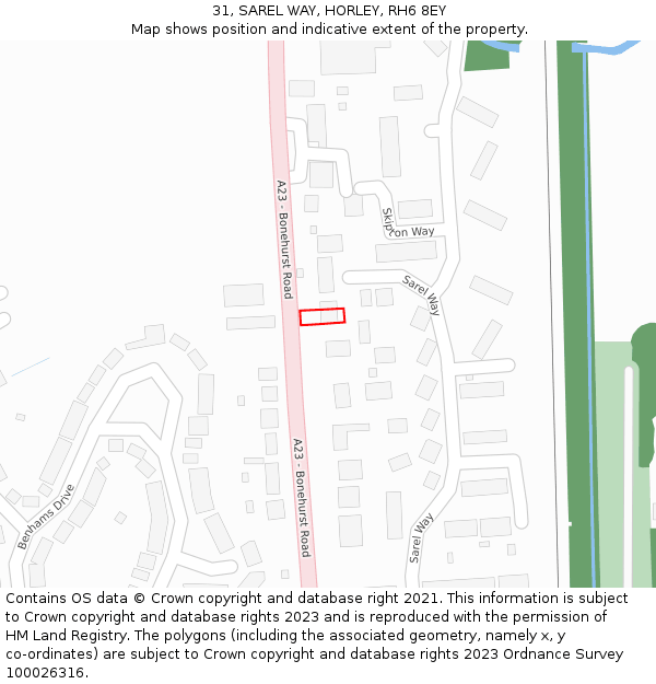 31, SAREL WAY, HORLEY, RH6 8EY: Location map and indicative extent of plot