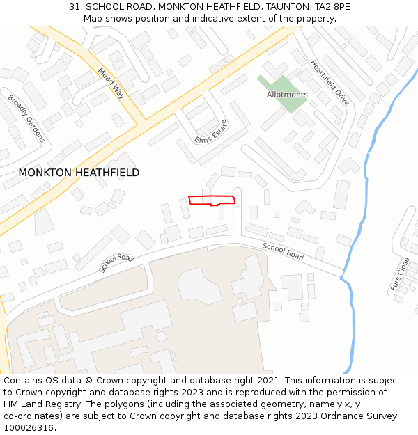 31, SCHOOL ROAD, MONKTON HEATHFIELD, TAUNTON, TA2 8PE: Location map and indicative extent of plot