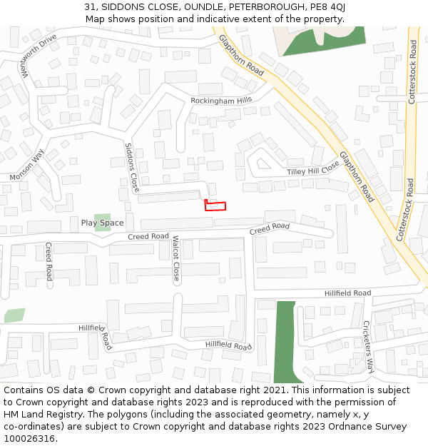 31, SIDDONS CLOSE, OUNDLE, PETERBOROUGH, PE8 4QJ: Location map and indicative extent of plot