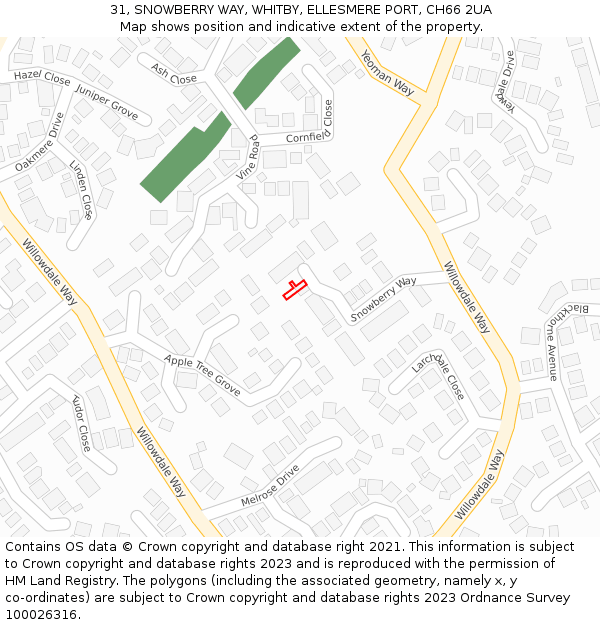 31, SNOWBERRY WAY, WHITBY, ELLESMERE PORT, CH66 2UA: Location map and indicative extent of plot