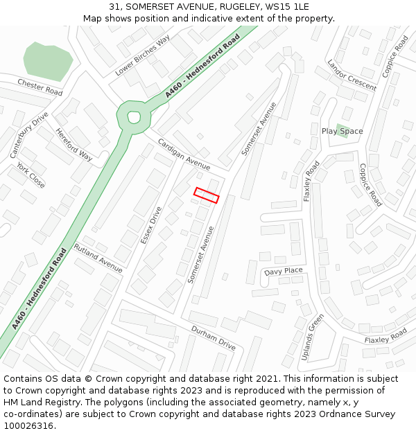 31, SOMERSET AVENUE, RUGELEY, WS15 1LE: Location map and indicative extent of plot