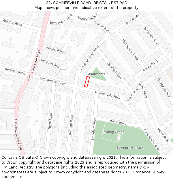 31, SOMMERVILLE ROAD, BRISTOL, BS7 9AD: Location map and indicative extent of plot