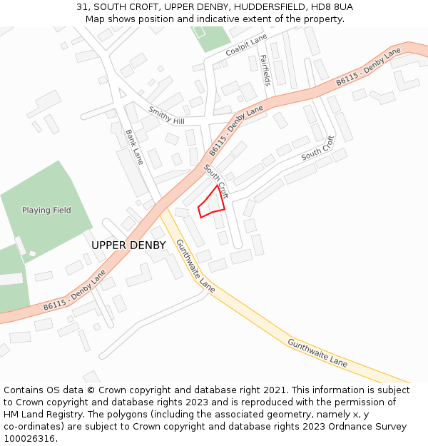 31, SOUTH CROFT, UPPER DENBY, HUDDERSFIELD, HD8 8UA: Location map and indicative extent of plot