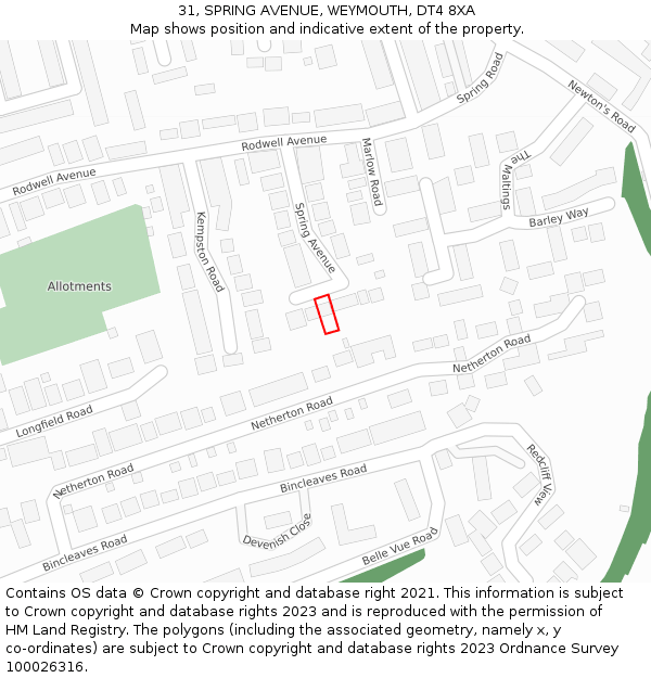 31, SPRING AVENUE, WEYMOUTH, DT4 8XA: Location map and indicative extent of plot