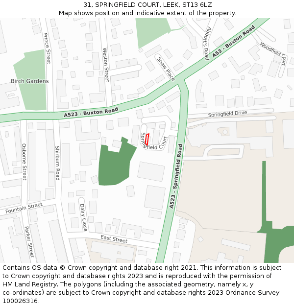 31, SPRINGFIELD COURT, LEEK, ST13 6LZ: Location map and indicative extent of plot