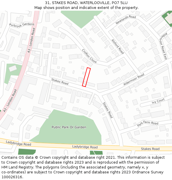 31, STAKES ROAD, WATERLOOVILLE, PO7 5LU: Location map and indicative extent of plot