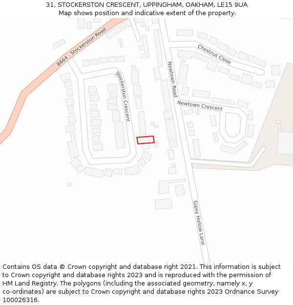 31, STOCKERSTON CRESCENT, UPPINGHAM, OAKHAM, LE15 9UA: Location map and indicative extent of plot