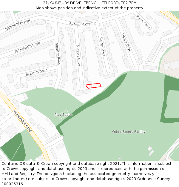 31, SUNBURY DRIVE, TRENCH, TELFORD, TF2 7EA: Location map and indicative extent of plot