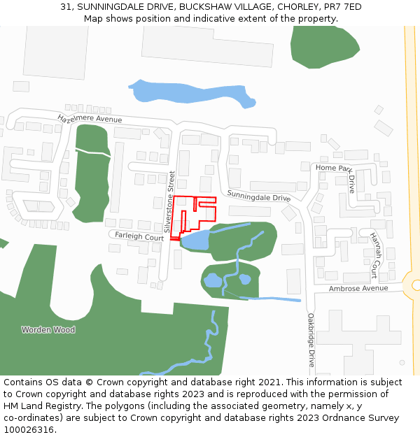31, SUNNINGDALE DRIVE, BUCKSHAW VILLAGE, CHORLEY, PR7 7ED: Location map and indicative extent of plot