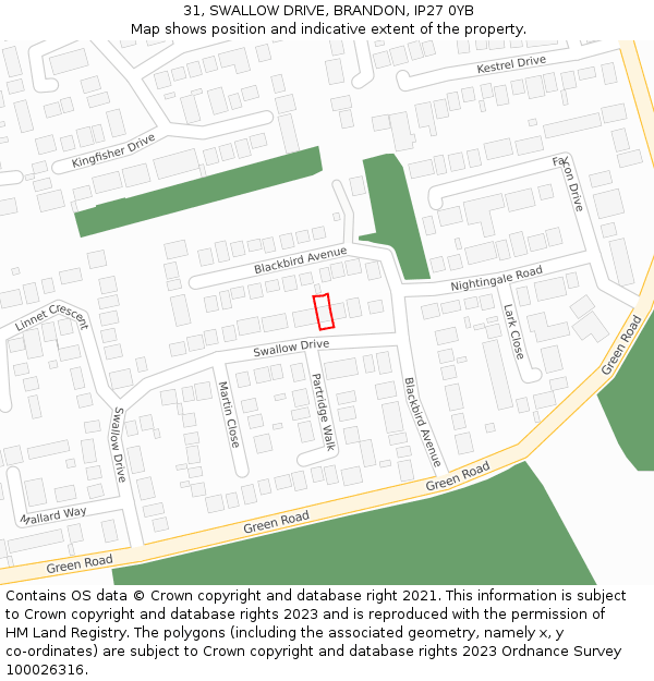 31, SWALLOW DRIVE, BRANDON, IP27 0YB: Location map and indicative extent of plot