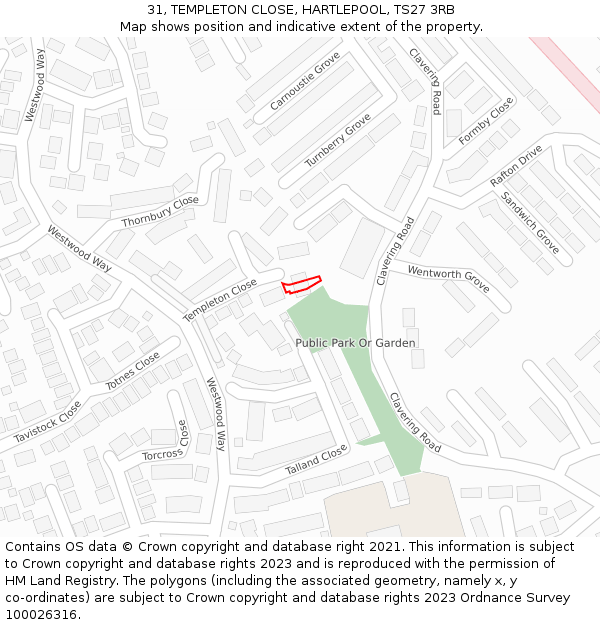 31, TEMPLETON CLOSE, HARTLEPOOL, TS27 3RB: Location map and indicative extent of plot